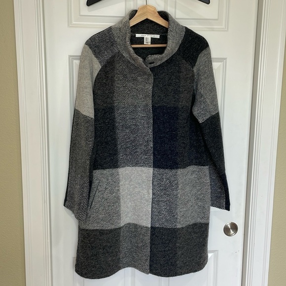 Max Studio Wool Blend Plaid Jacket Coat Cardigan Size Large Gray Black Mock Neck - Picture 1 of 16